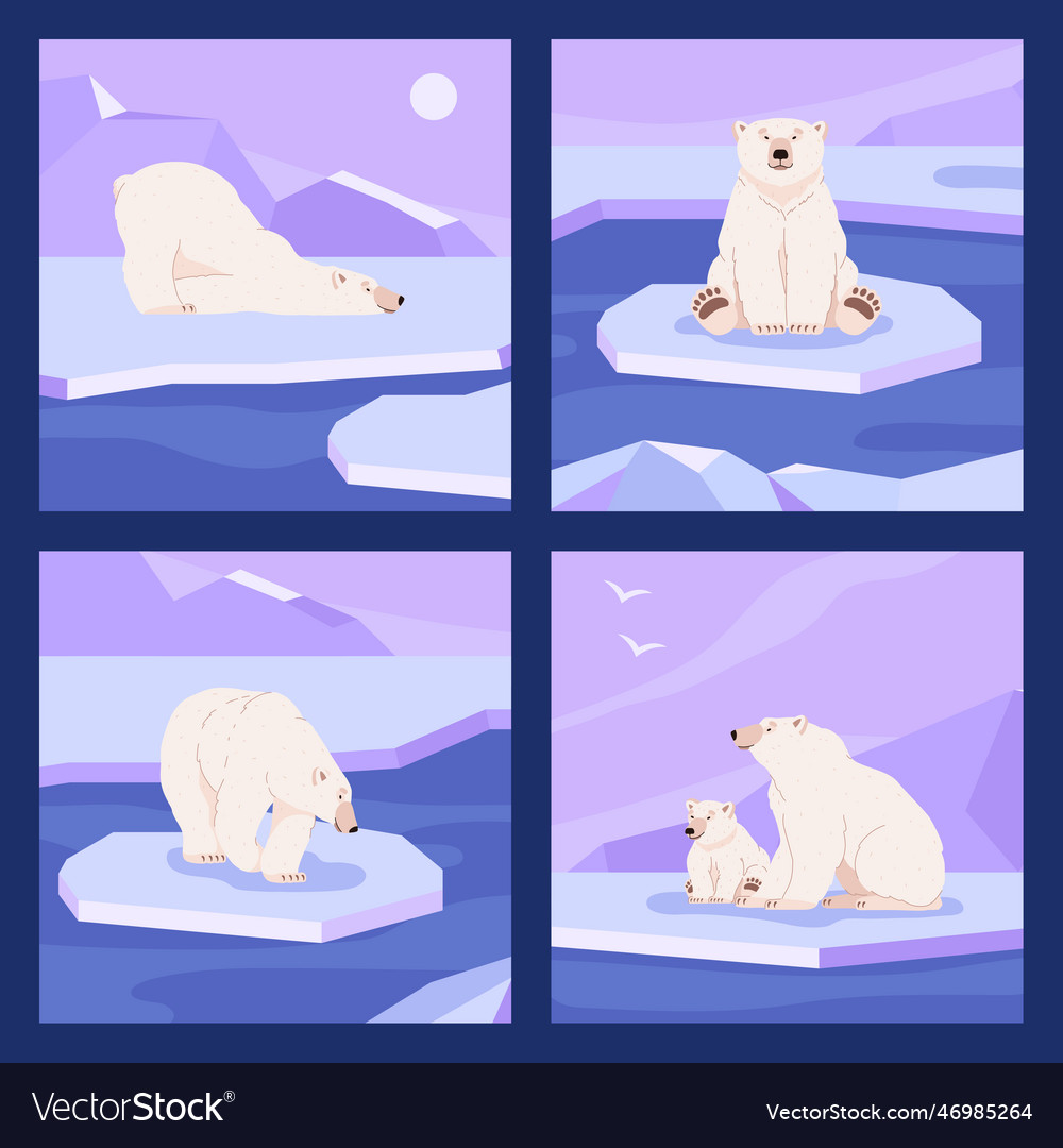 Cute polar bear on glacier set of square posters