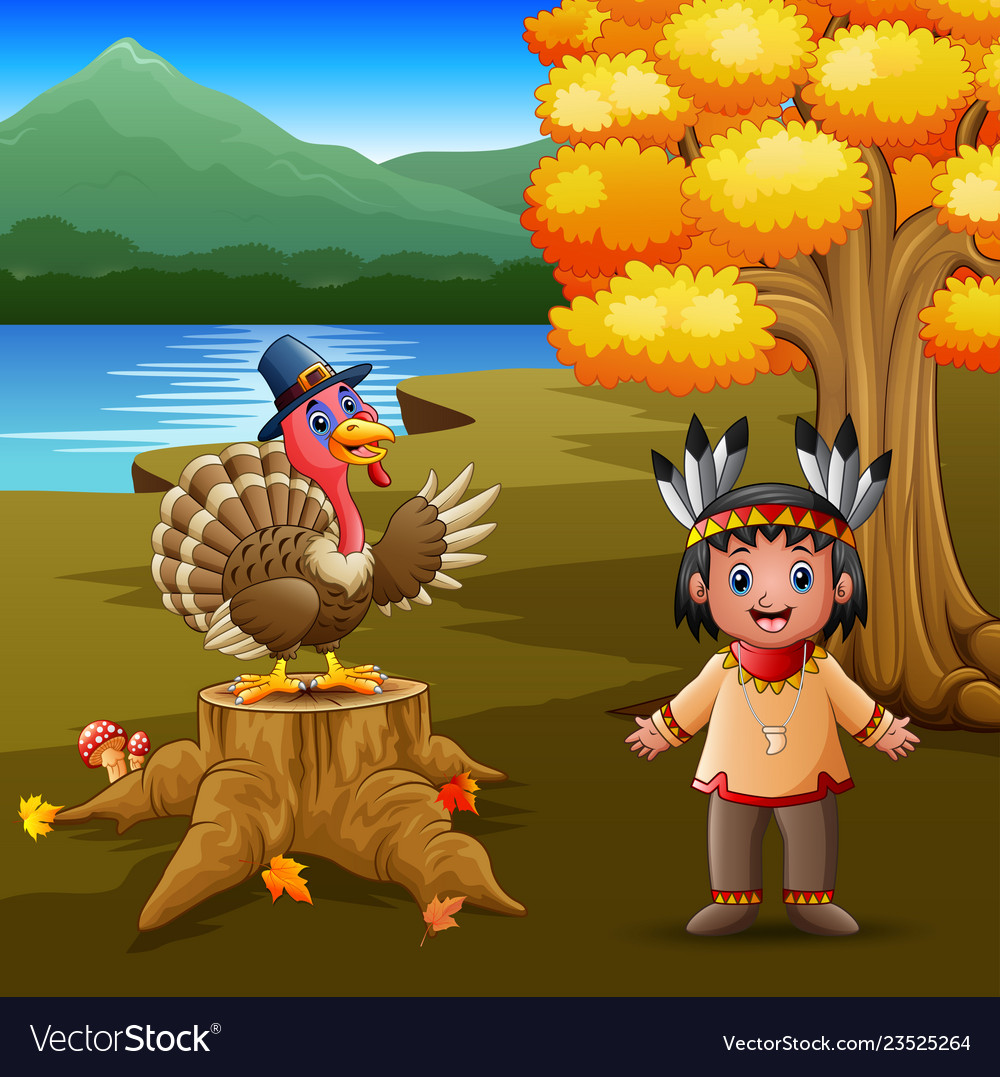 Happy indian boy with turkey bird in the garden Vector Image