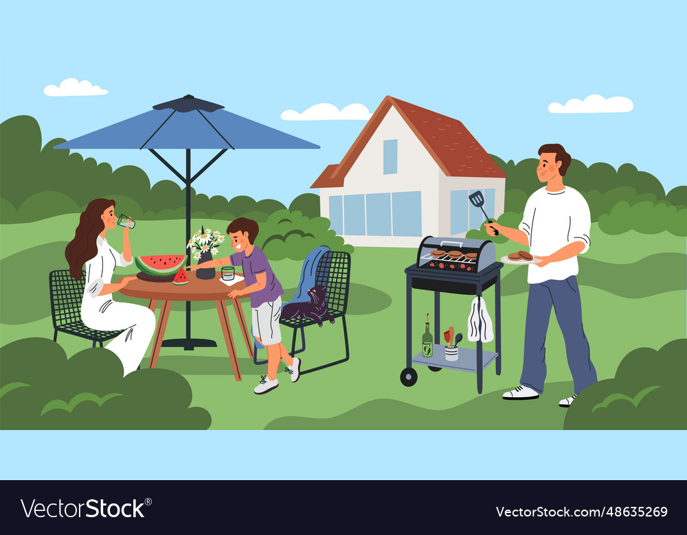 Backyard patio with vacationers family picnic Vector Image