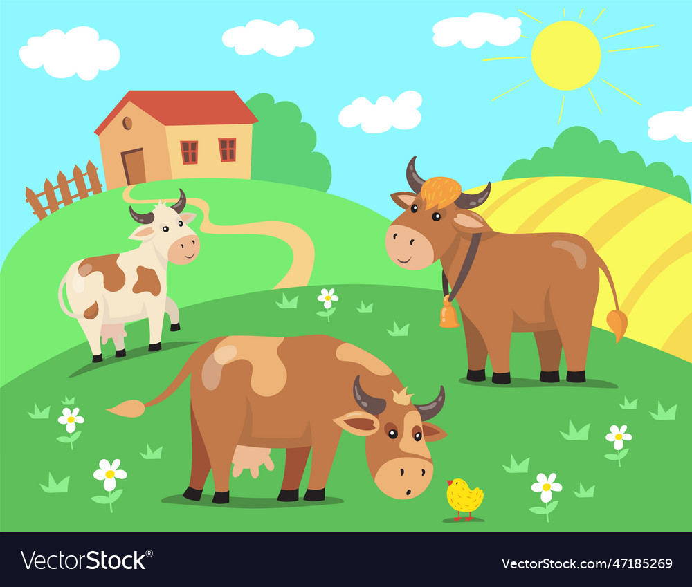 Herd of cow characters with chicken on hill Vector Image