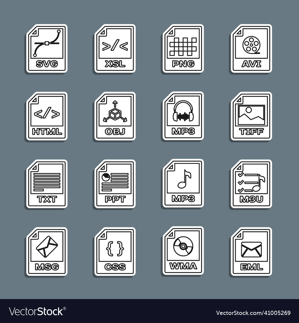 Set line eml file document m3u tiff png obj vector image Set line eml file document m3u tiff png obj