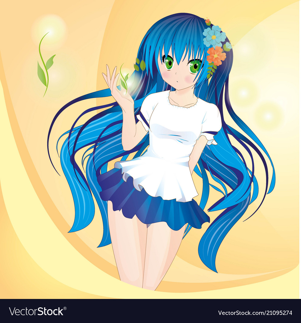 anime style girl with blue hair and green eyes vector image vectorstock