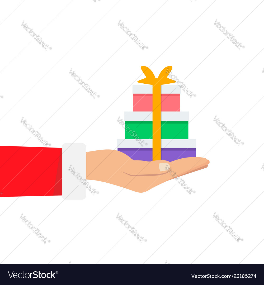 Hand of santa claus holding a big stack many