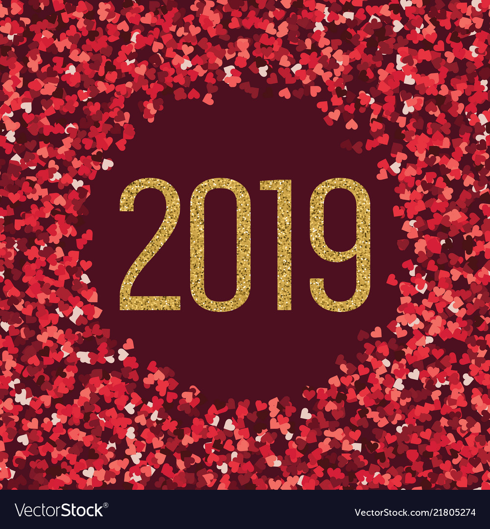 Happy new 2019 year gold and red hearts glitter