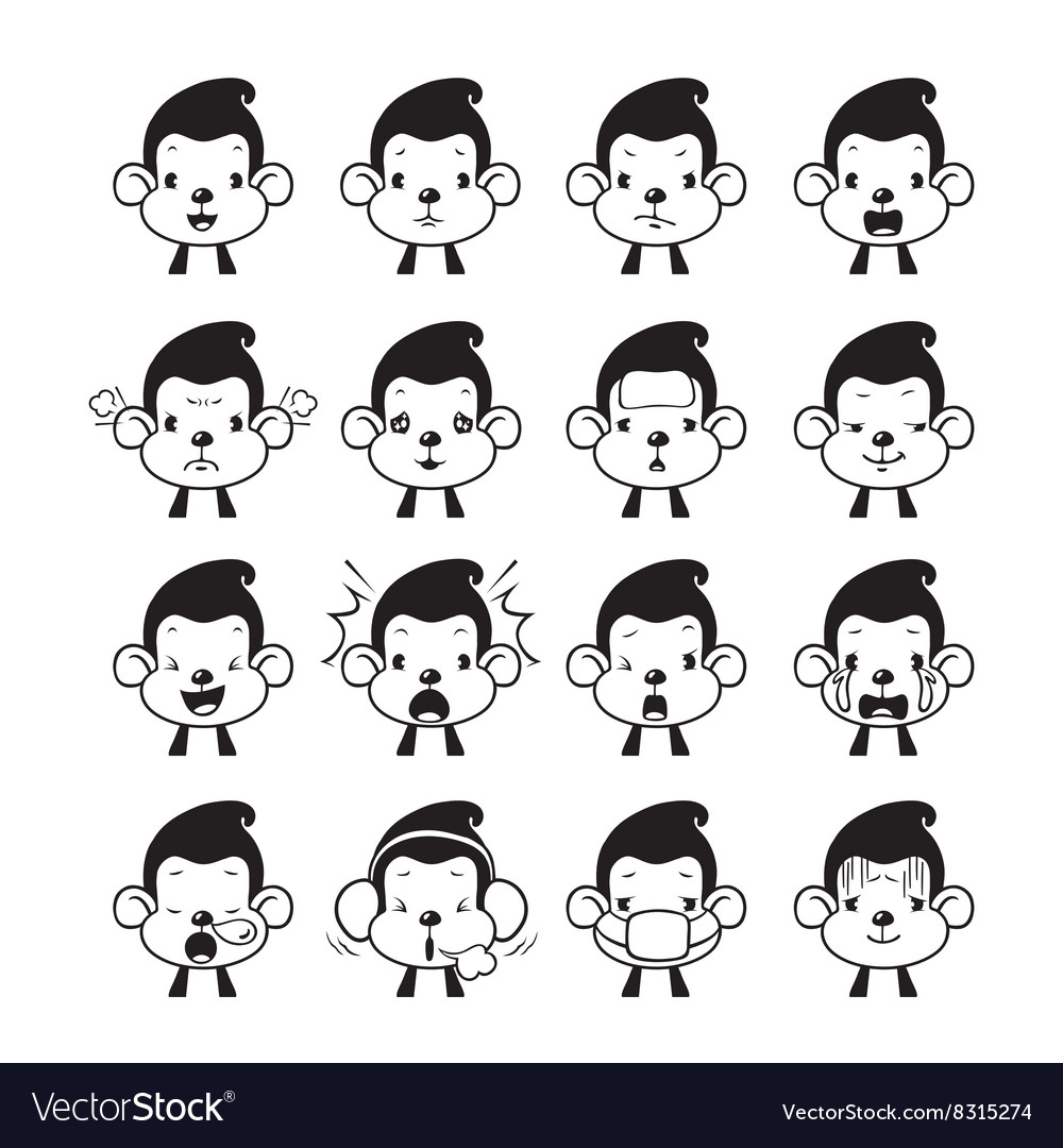 Monkey emoticons set monochrome