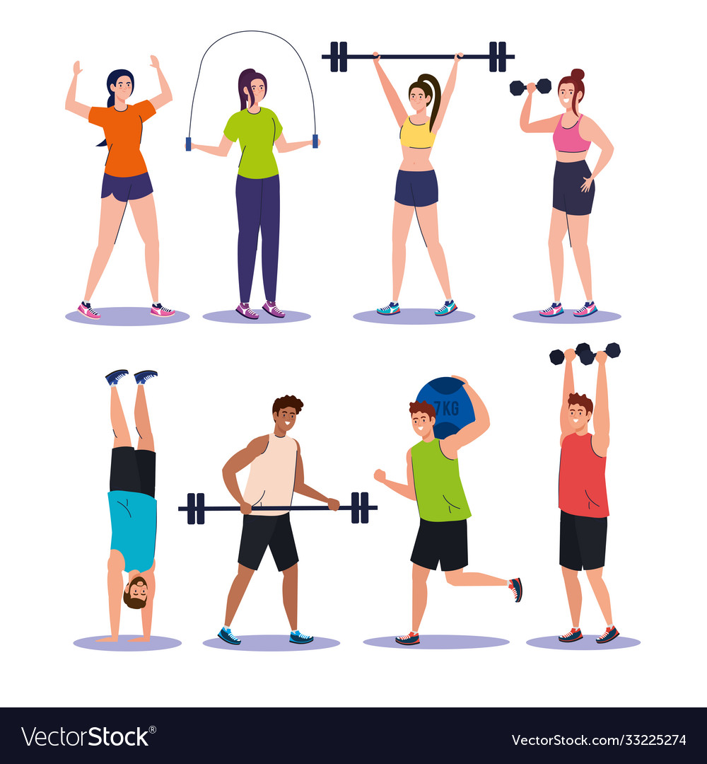 Set scenes young people practicing exercises Vector Image