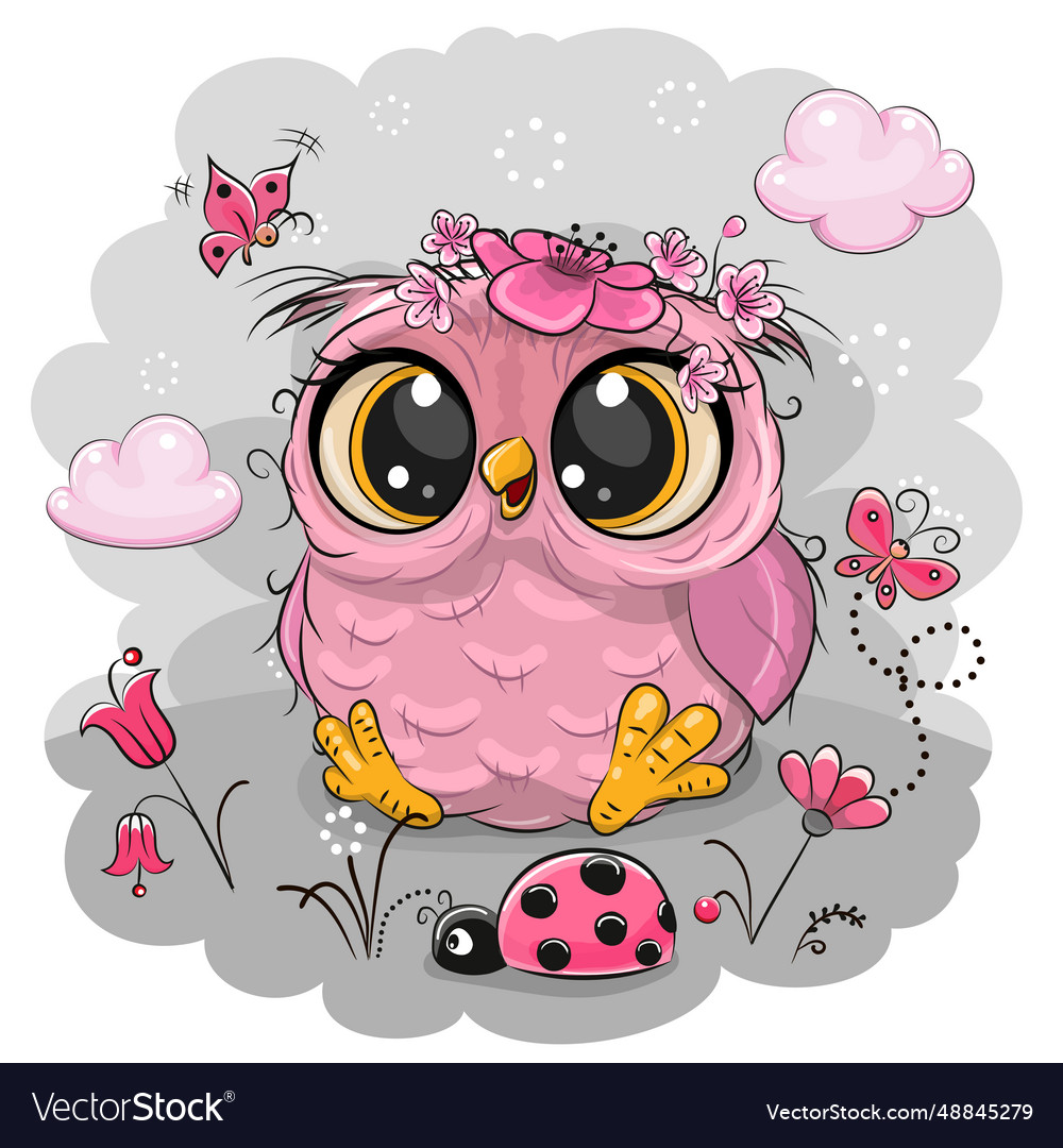 Cartoon owl on a meadow with flowers Royalty Free Vector