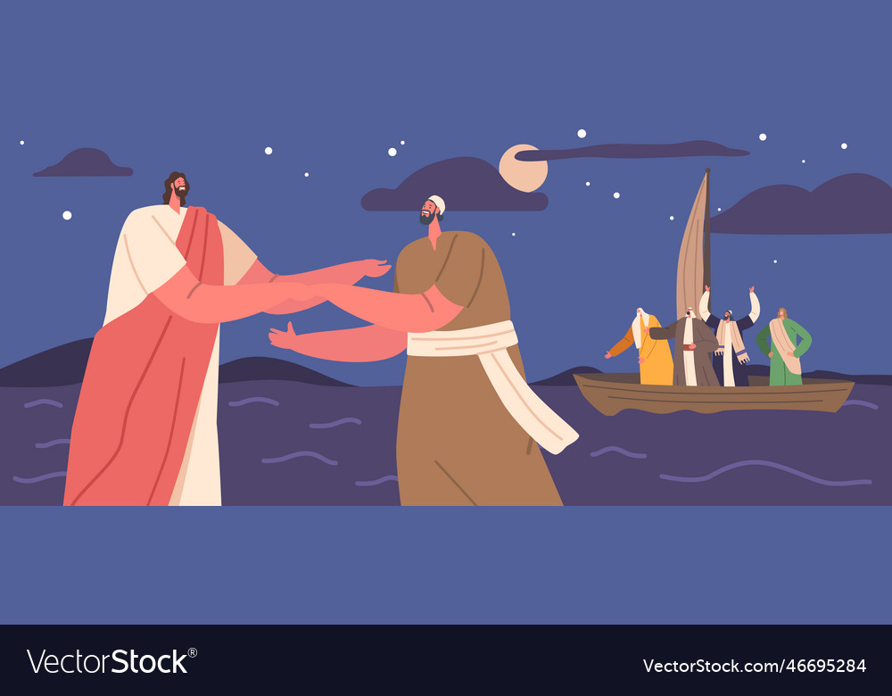 Jesus and peter walk on water under the night sky Vector Image