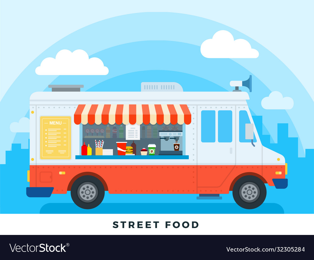 Street food flat foods truck Royalty Free Vector Image