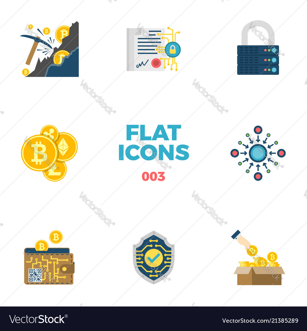 Cryptocurrency and blockchain flat icons vector image Cryptocurrency and blockchain flat icons