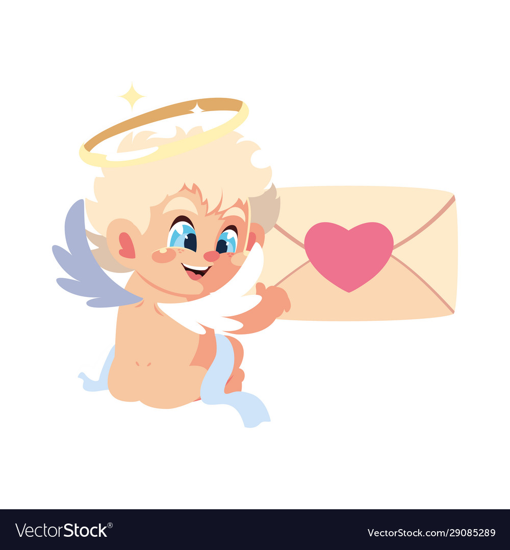 Cute cupid angel holding a love letter in white Vector Image