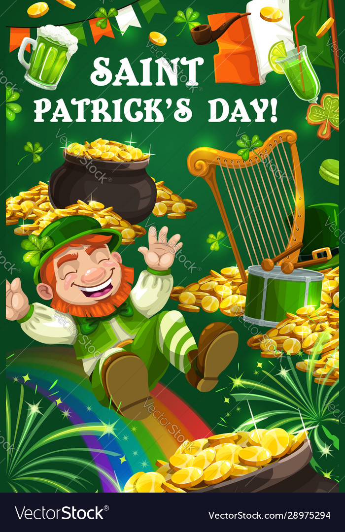 St patrick day leprechaun gold coins and rainbow Vector Image