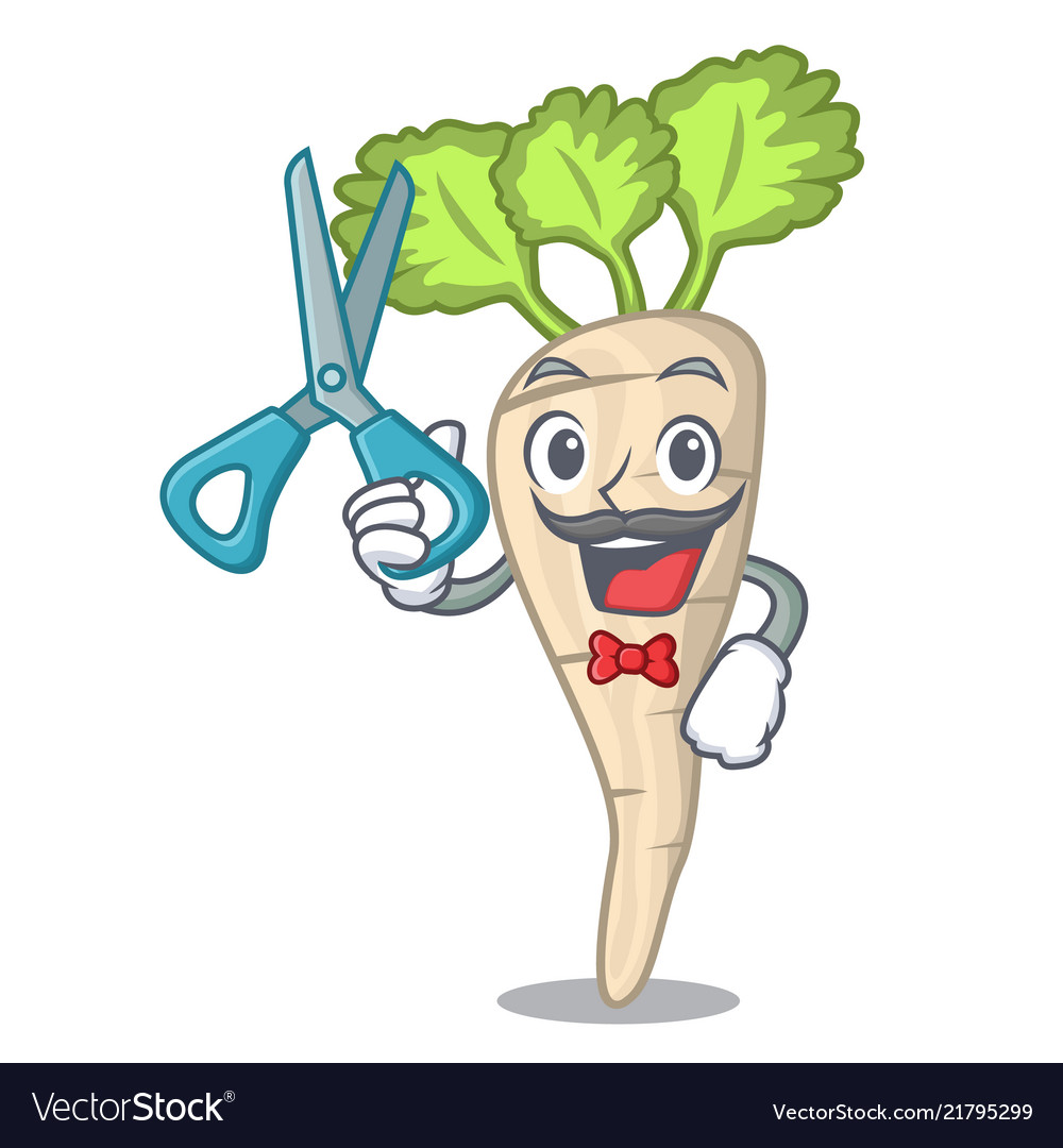Barber character parsnip root with leaf cartoon