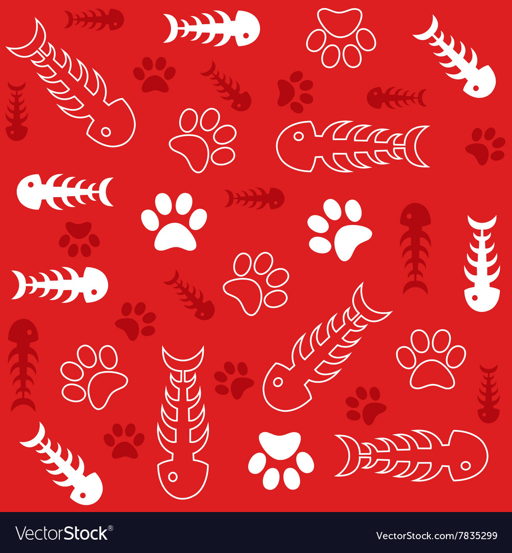 Red Fishbone and Paw Print Pattern