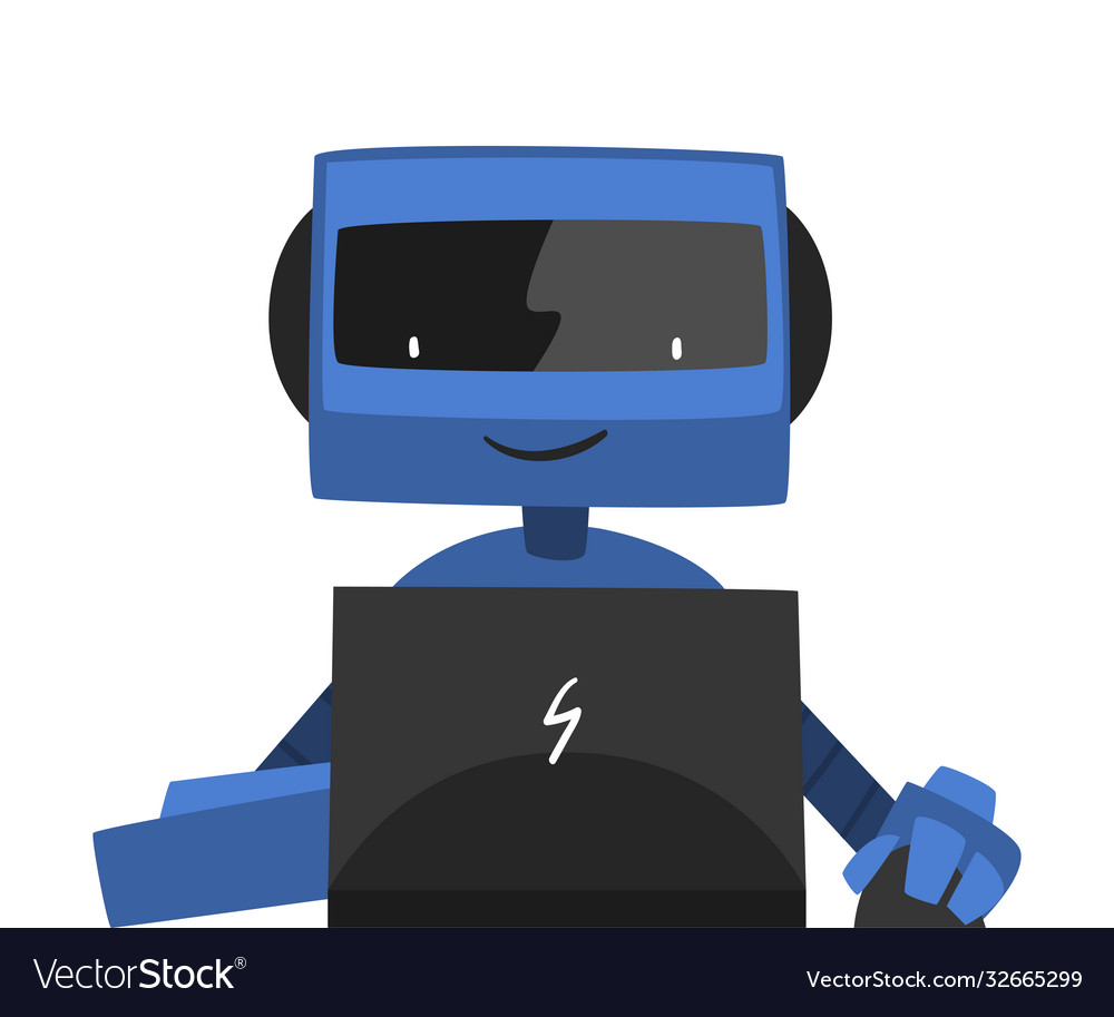 Robot sitting in front computer friendly vector image Robot sitting in front computer friendly