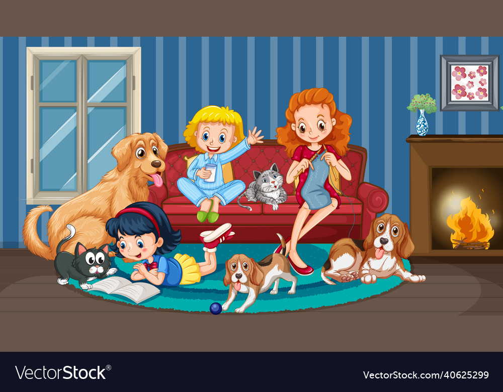 Room Scene With Happy Family And Dogs Royalty Free Vector