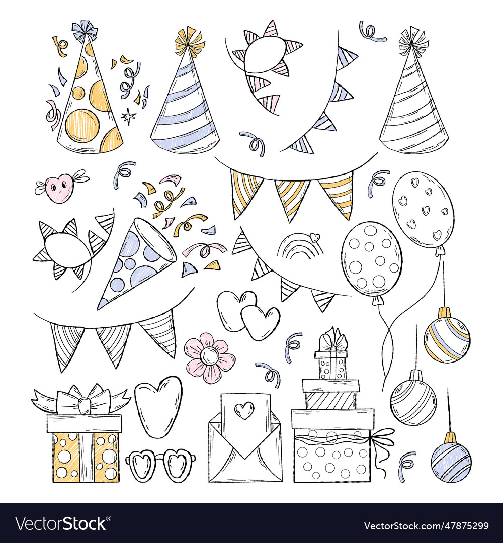 Set of happy birthday and holiday doodles hand Vector Image