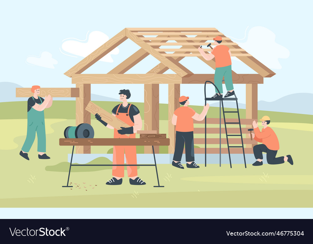 Cartoon carpenters building wooden house structure