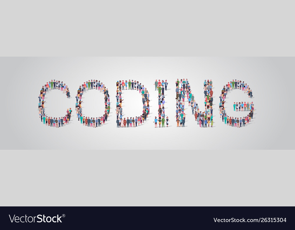 People crowd gathering in shape coding word