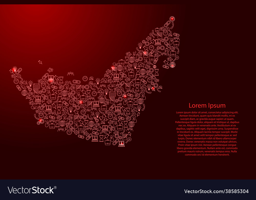 United arab emirates uae map from red and glowing