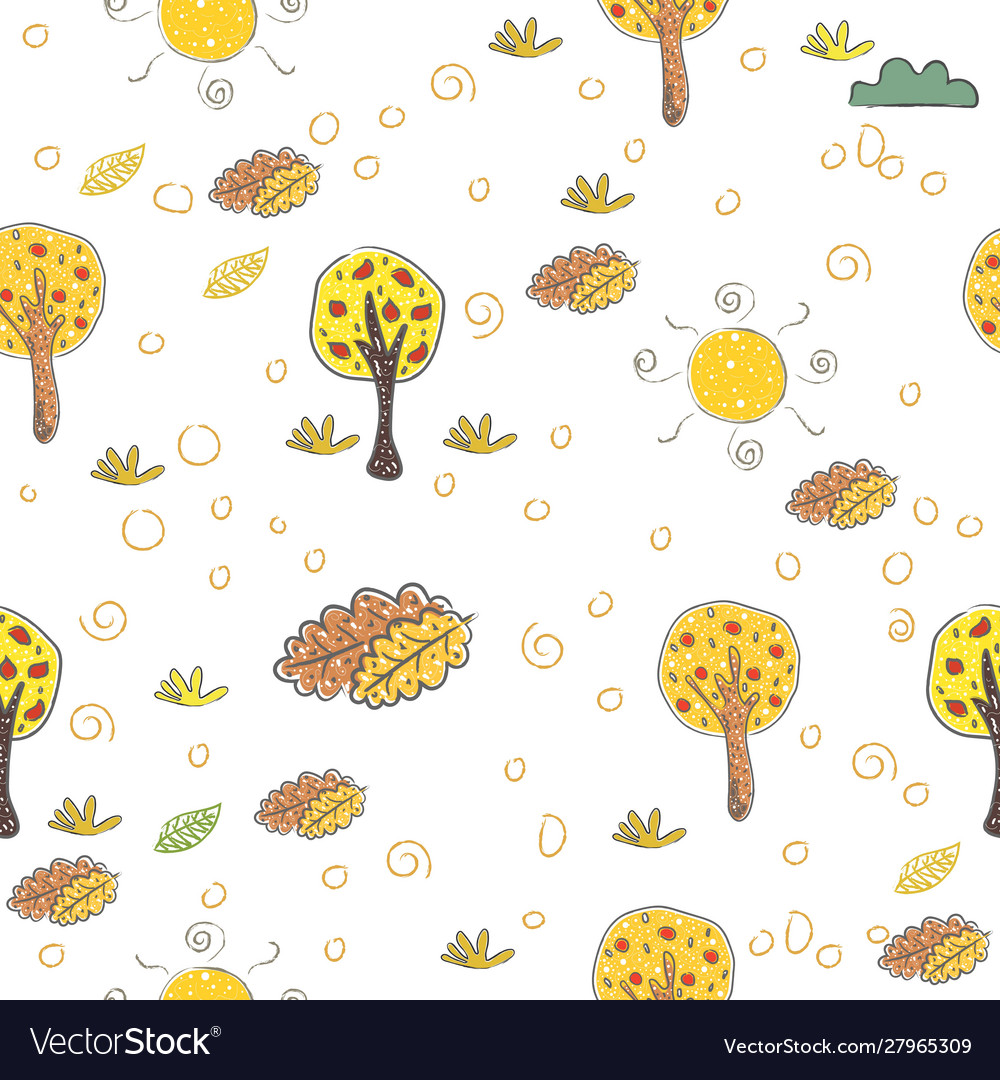 Cute pattern with trees and clouds hand drawn vector image Cute pattern with trees and clouds hand drawn