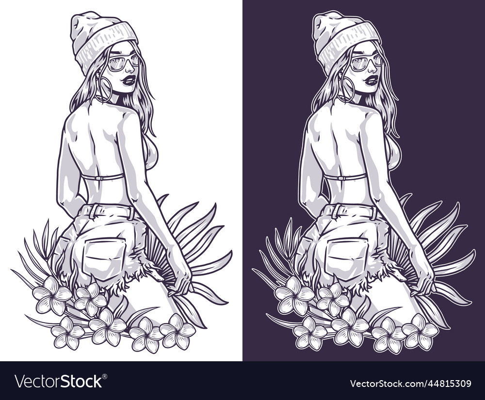 Hot tropical woman monochrome emblem Royalty Free Vector