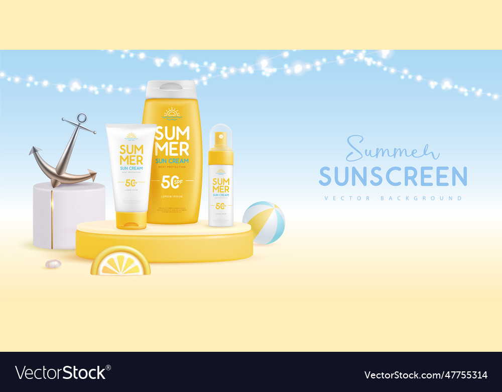 Summer background with 3d sunscreen tubes Vector Image