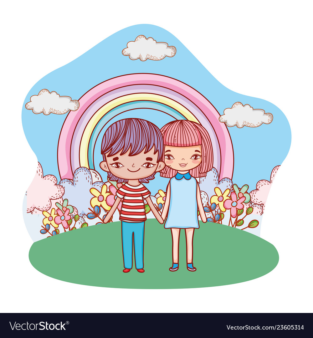 Young couple outdoors nighttime landscape cartoon