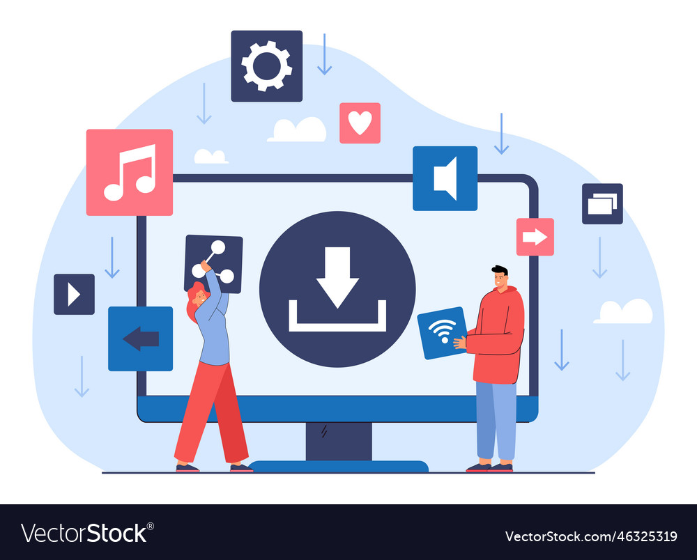 Download button on computer screen and people Vector Image