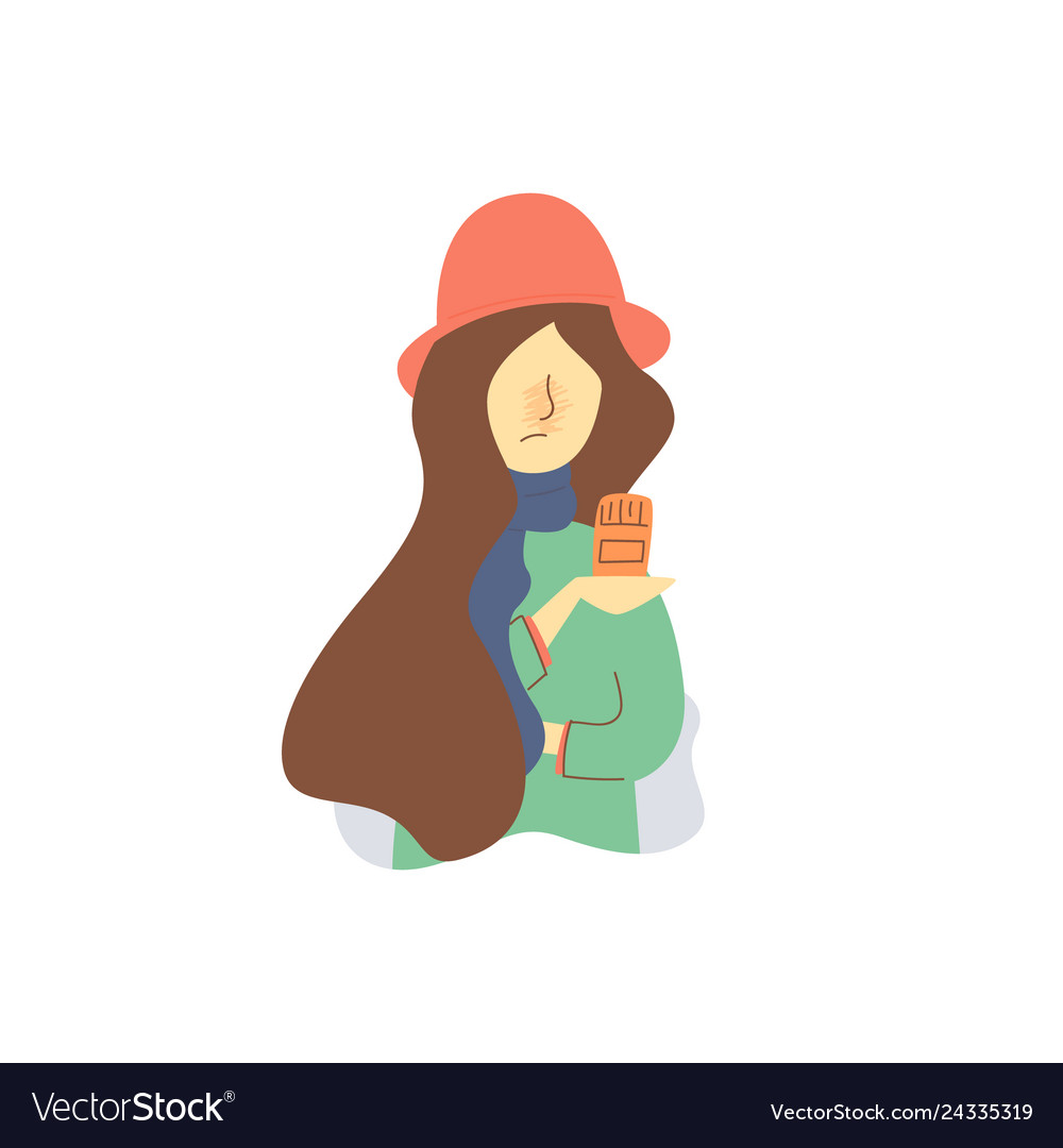 Flat cartoon woman in red hat holding pill