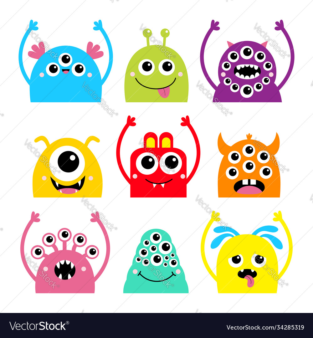 Monster Head Face Icon Set Happy Halloween Cute Vector Image