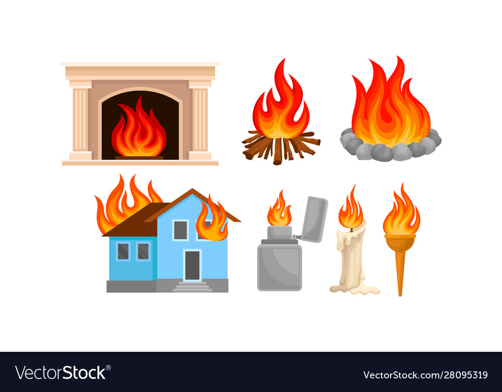 Set different types bonfires and fires Royalty Free Vector