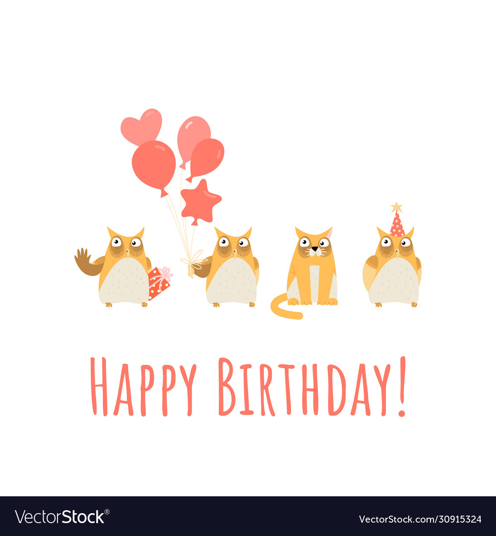 Birthday greeting card with cute owls and cat