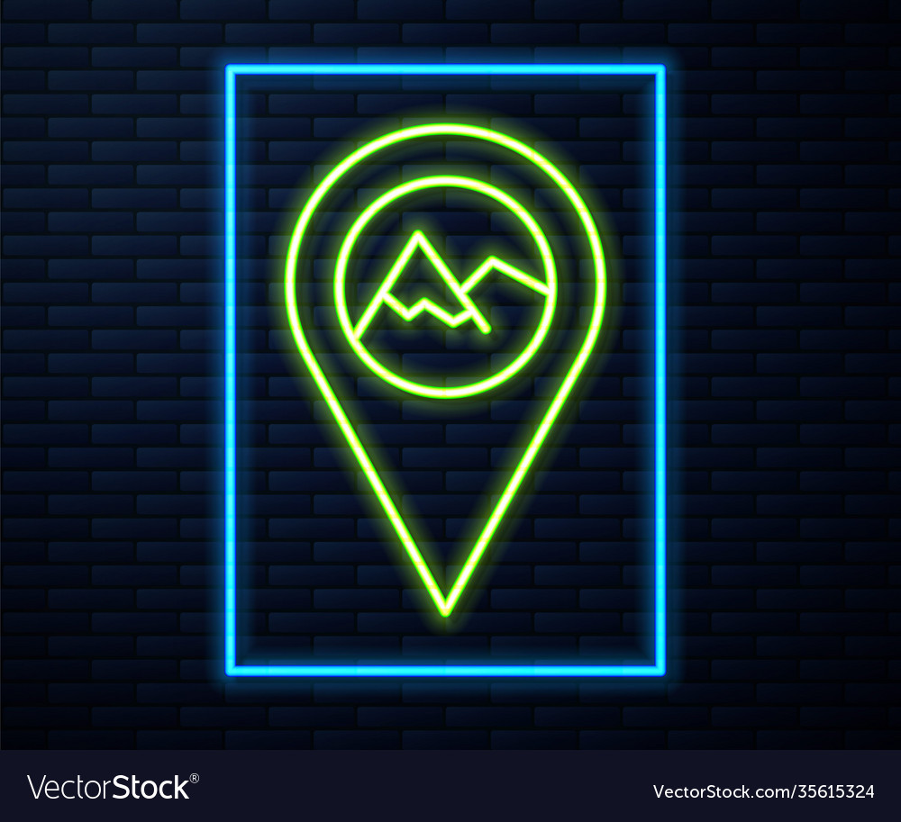 Glowing neon line map pointer with mountain icon vector image Glowing neon line map pointer with mountain icon