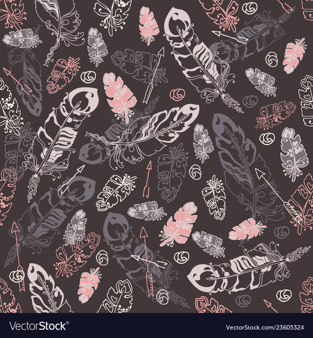 Seamless pattern with feathers and beads on gre vector image Seamless pattern with feathers and beads on gre