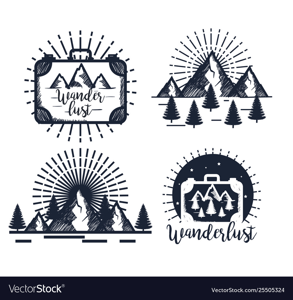 Set briefcase with snowy mountains and pines