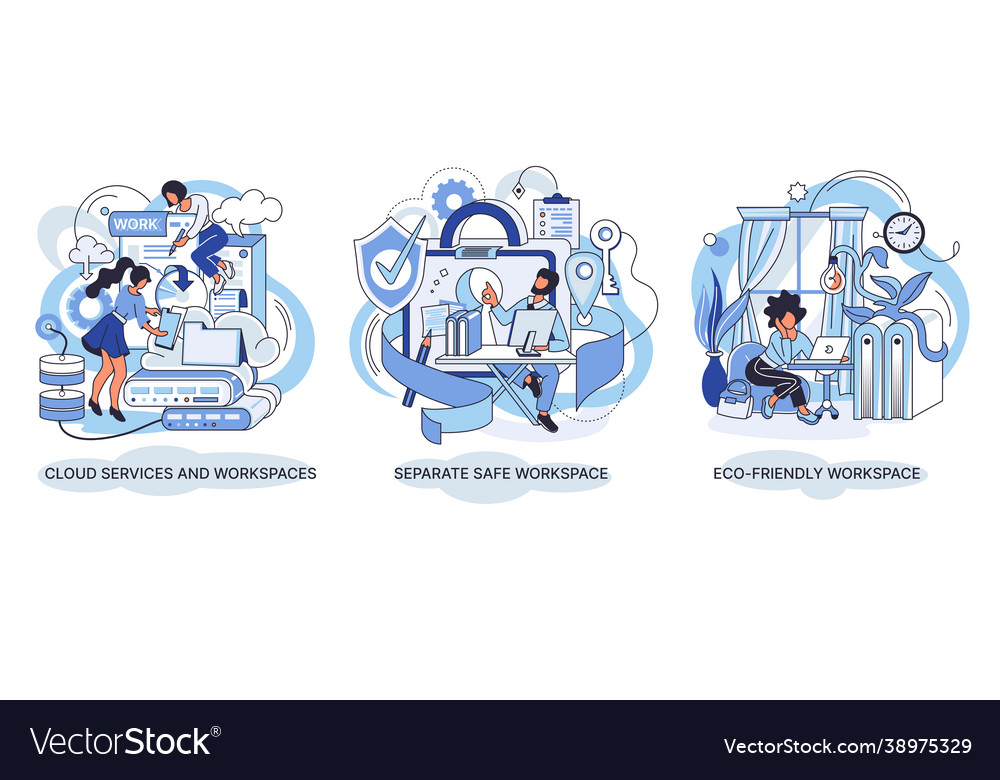 Cloud services and workspaces set separate safe vector image Cloud services and workspaces set separate safe
