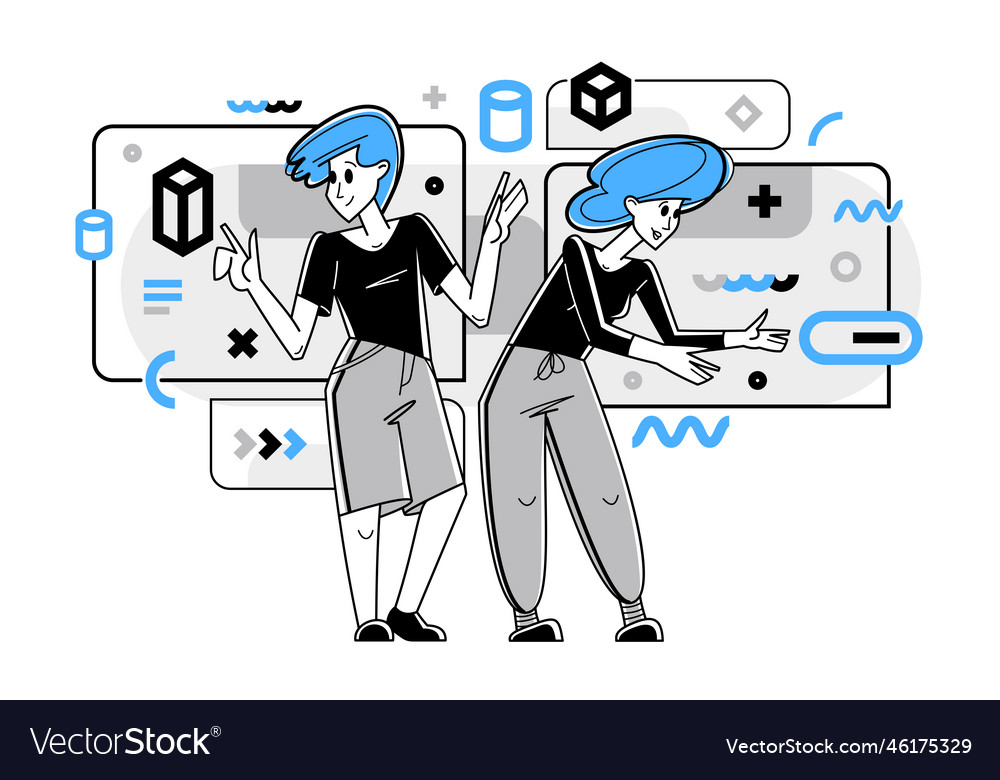 Creative workers doing some job and creating vector image Creative workers doing some job and creating