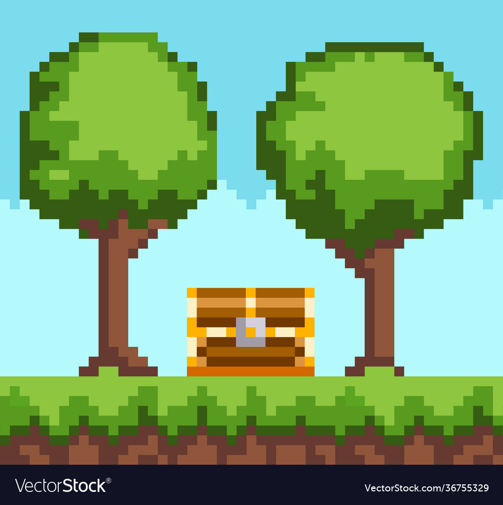 Pixel-game background with wooden chest in forest