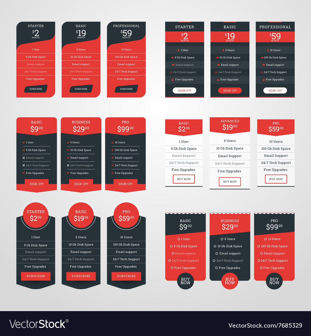 Set of pricing table design templates for websites