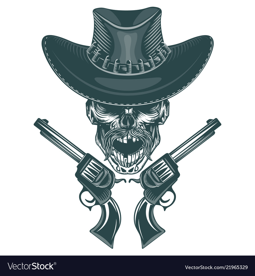 Skull of a mustached cowboy with pistols Vector Image