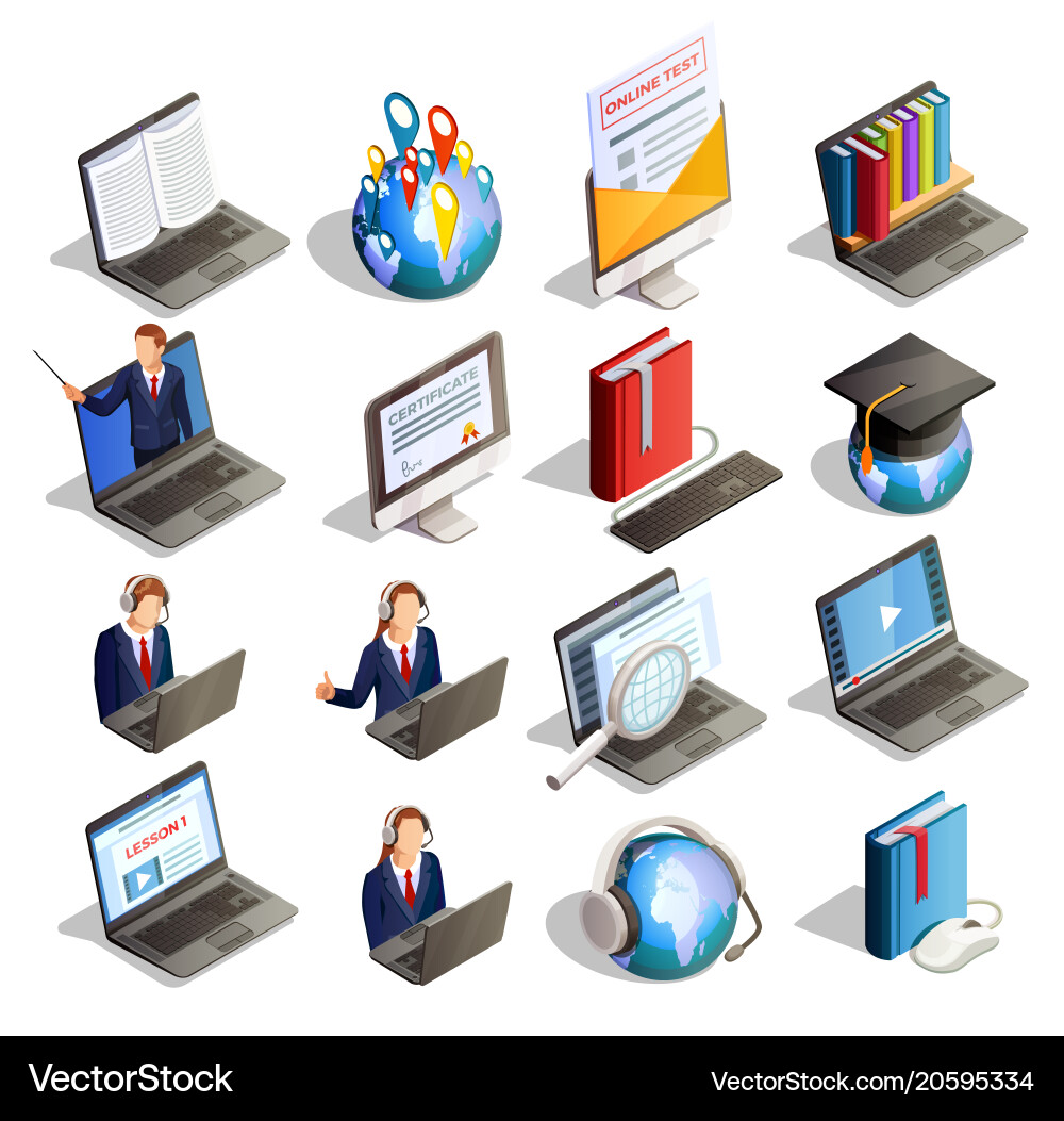 E-learning isometric icon set Royalty Free Vector Image