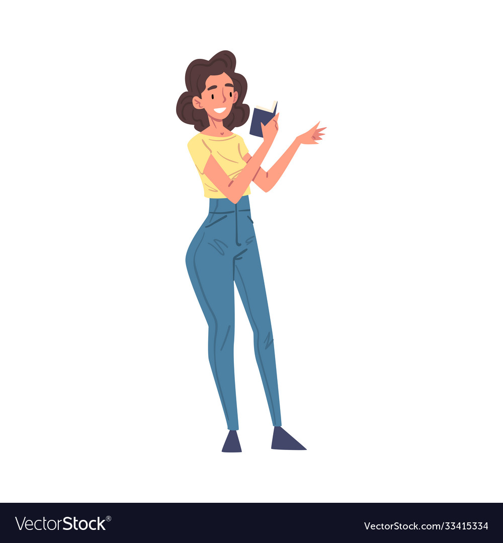 Smiling girl reading book while standing female vector image Smiling girl reading book while standing female
