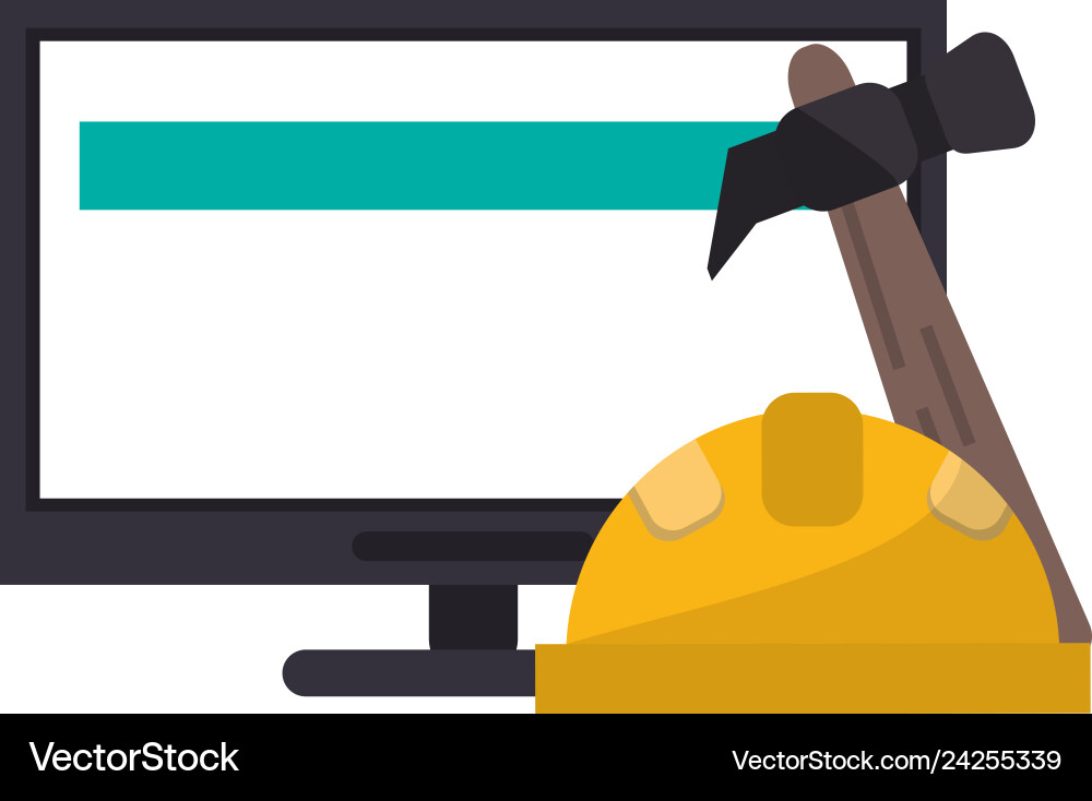 Computer with construction hat and hammer Vector Image