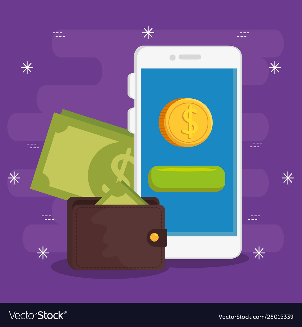 Smartphone with coin and wallet Royalty Free Vector Image