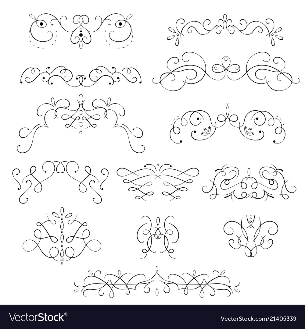 Swirling floral elements black thin line icon set Vector Image