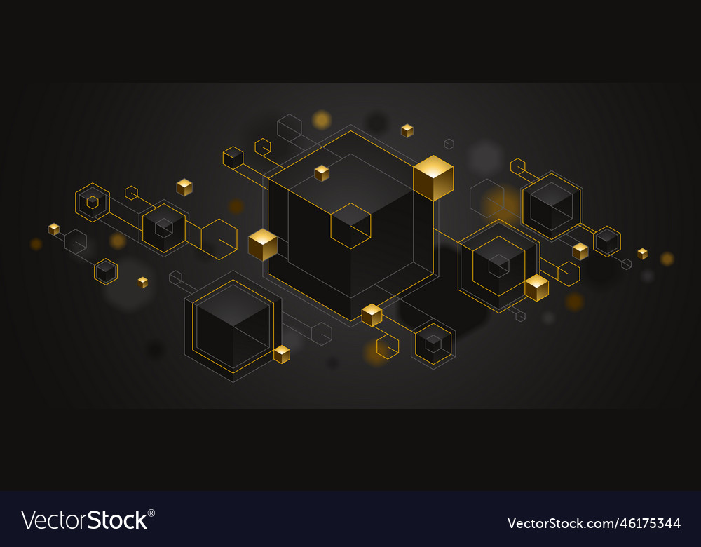 Cubes cluster with golden elements lines and dots vector image Cubes cluster with golden elements lines and dots