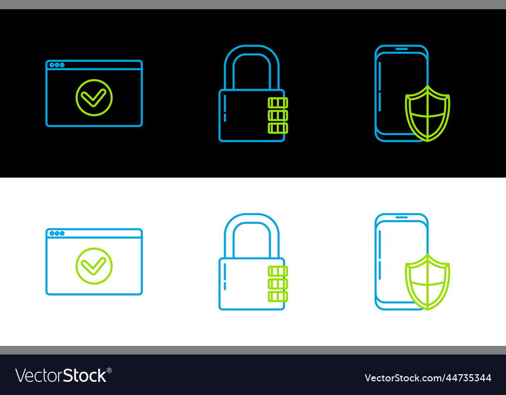 Set line smartphone with security shield secure vector image Set line smartphone with security shield secure