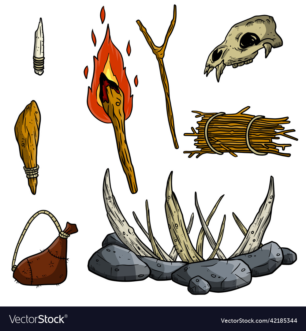 Set of items primitive man and hunter vector image Set of items primitive man and hunter