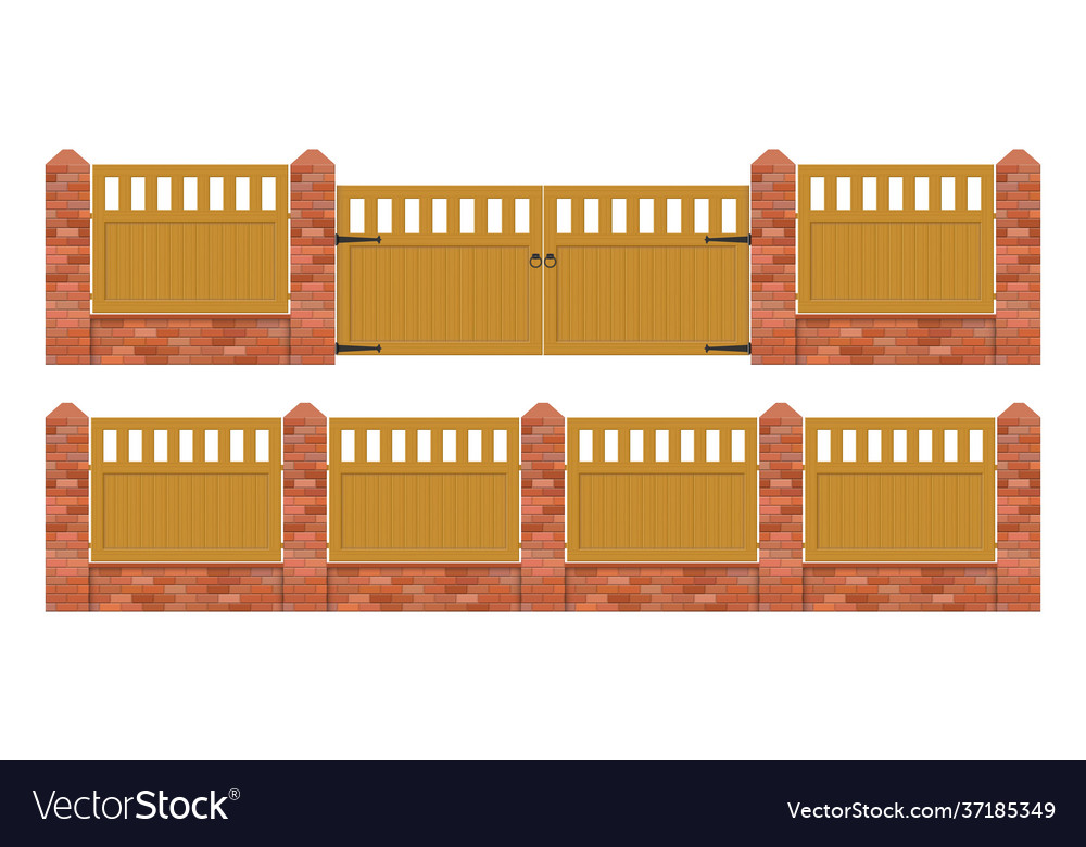 Brick fence with wooden gate isolated on white vector image Brick fence with wooden gate isolated on white